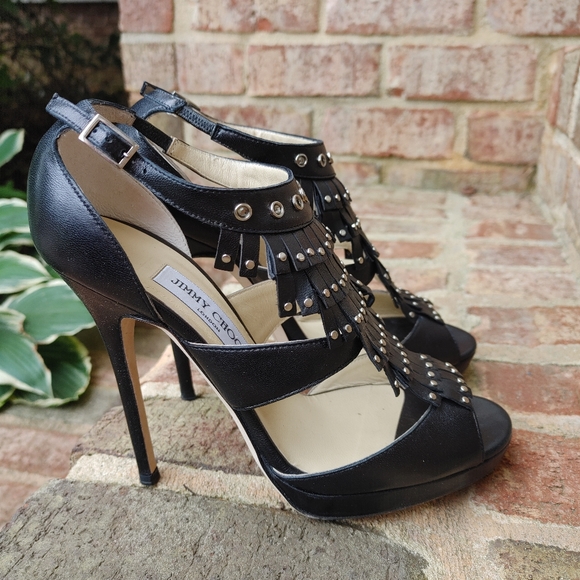 JIMMY CHOO BLACK LEATHER STUDDED FRINGE PLATFORM SANDALS, 39 - Picture 7 of 16